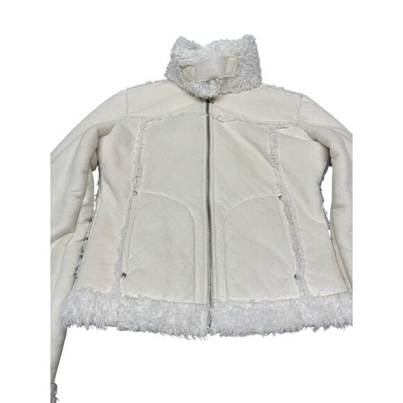 Bebe Y2K Faux Suede Jacket w/ Faux Fox Fur Trim White Cream Size Small - Picture 5 of 14